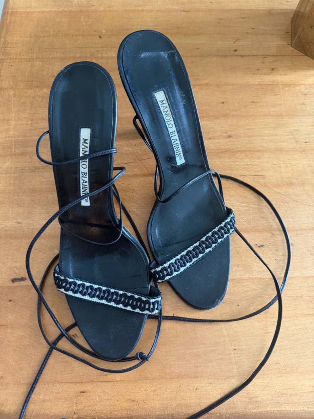 Manolo Blahnik Black Beaded Lace-Up Heels